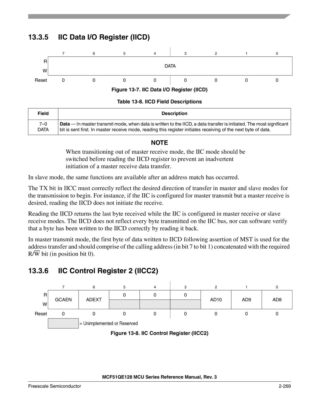 Freescale Semiconductor MCF51QE128RM IIC Data I/O Register Iicd, IIC Control Register 2 IICC2, Iicd Field Descriptions 