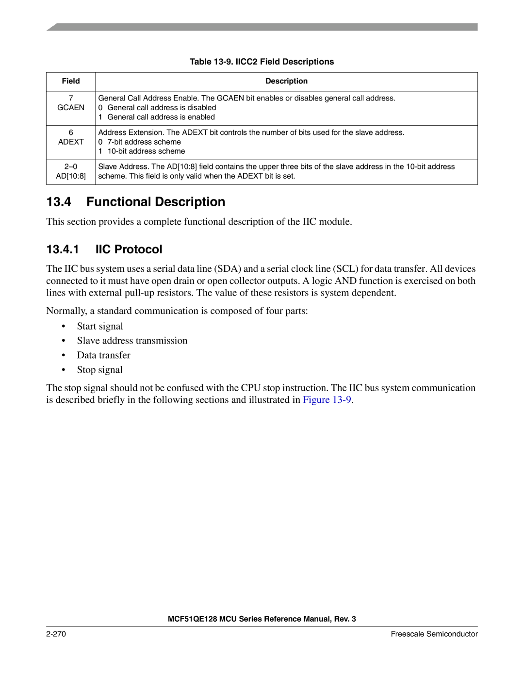 Freescale Semiconductor MCF51QE128RM manual IIC Protocol, IICC2 Field Descriptions, Gcaen 