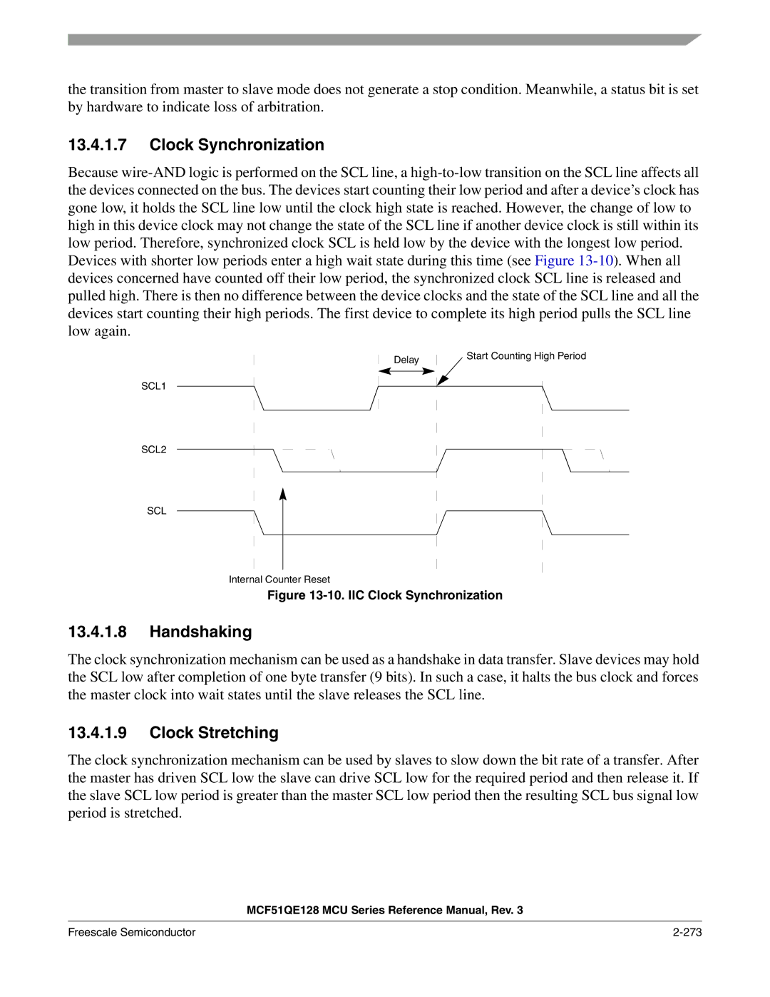 Freescale Semiconductor MCF51QE128RM Clock Synchronization, Handshaking, Clock Stretching, Freescale Semiconductor 273 