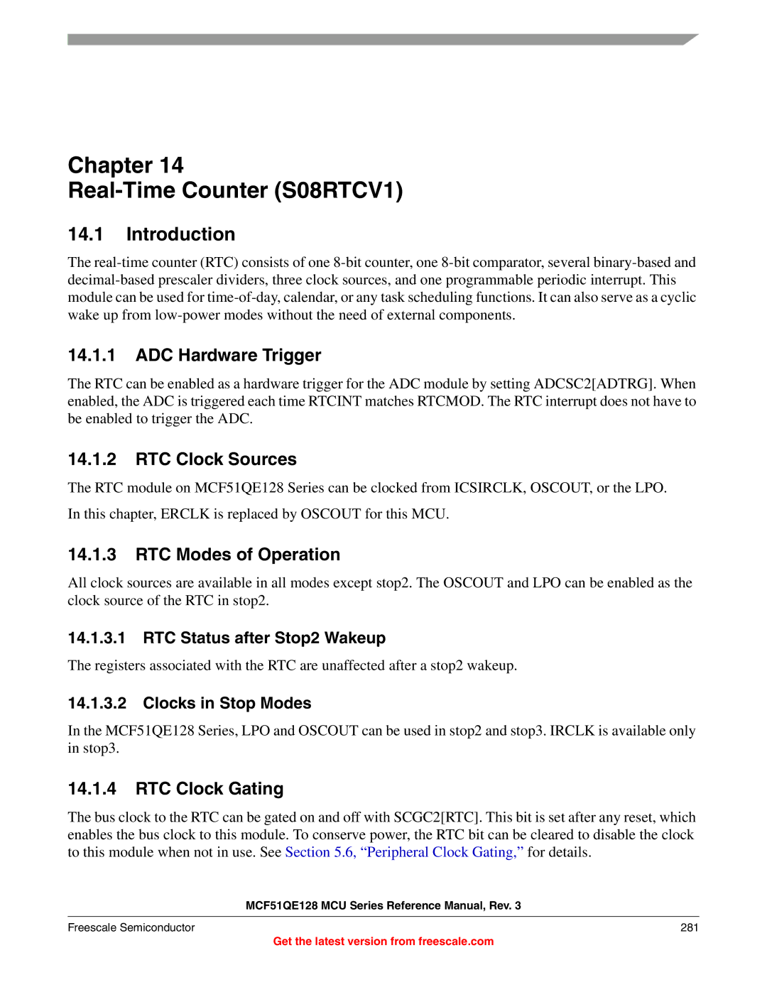 Freescale Semiconductor MCF51QE128RM manual Chapter Real-Time Counter S08RTCV1, ADC Hardware Trigger, RTC Clock Sources 