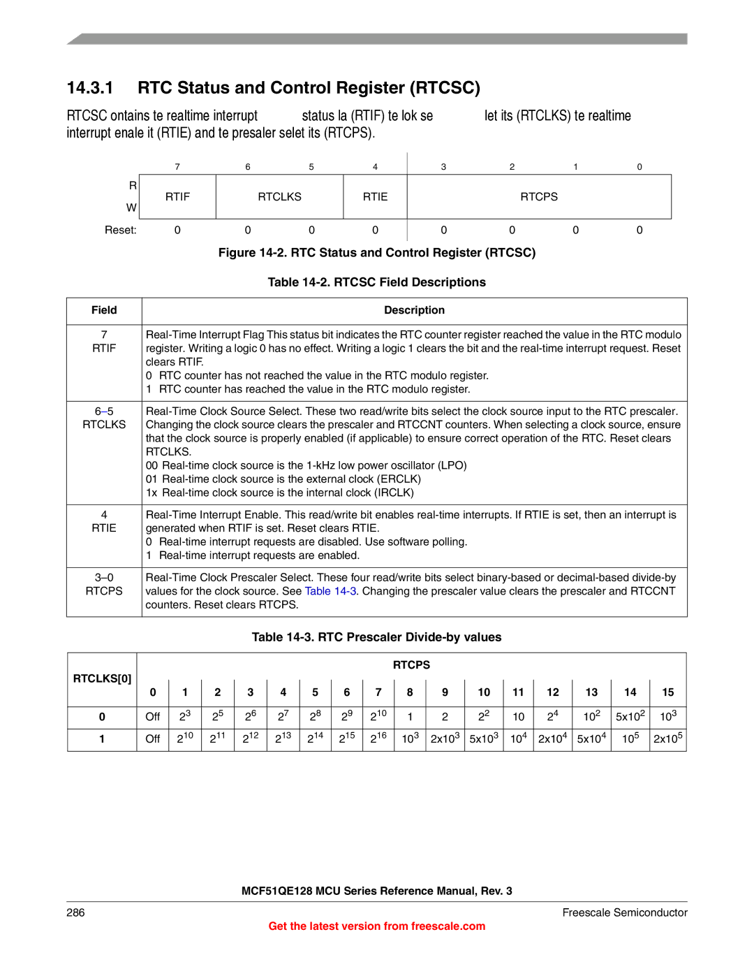 Freescale Semiconductor MCF51QE128RM RTC Status and Control Register Rtcsc, Rtcsc Field Descriptions, Rtif, Rtcps RTCLKS0 