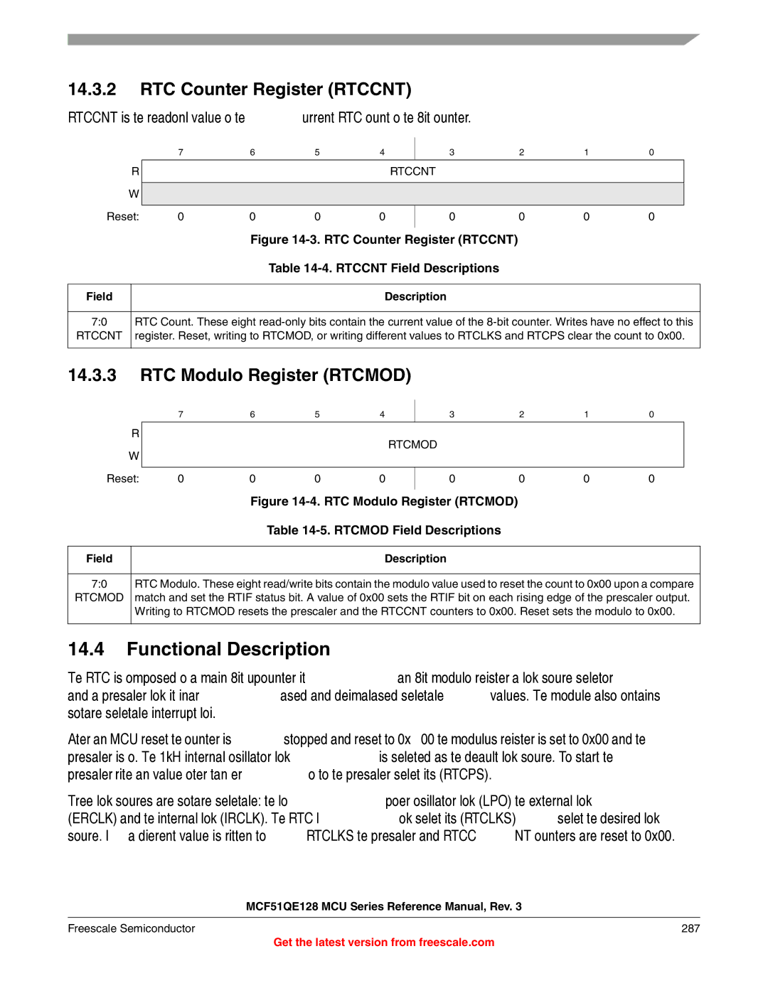 Freescale Semiconductor MCF51QE128RM RTC Counter Register Rtccnt, RTC Modulo Register Rtcmod, Rtccnt Field Descriptions 