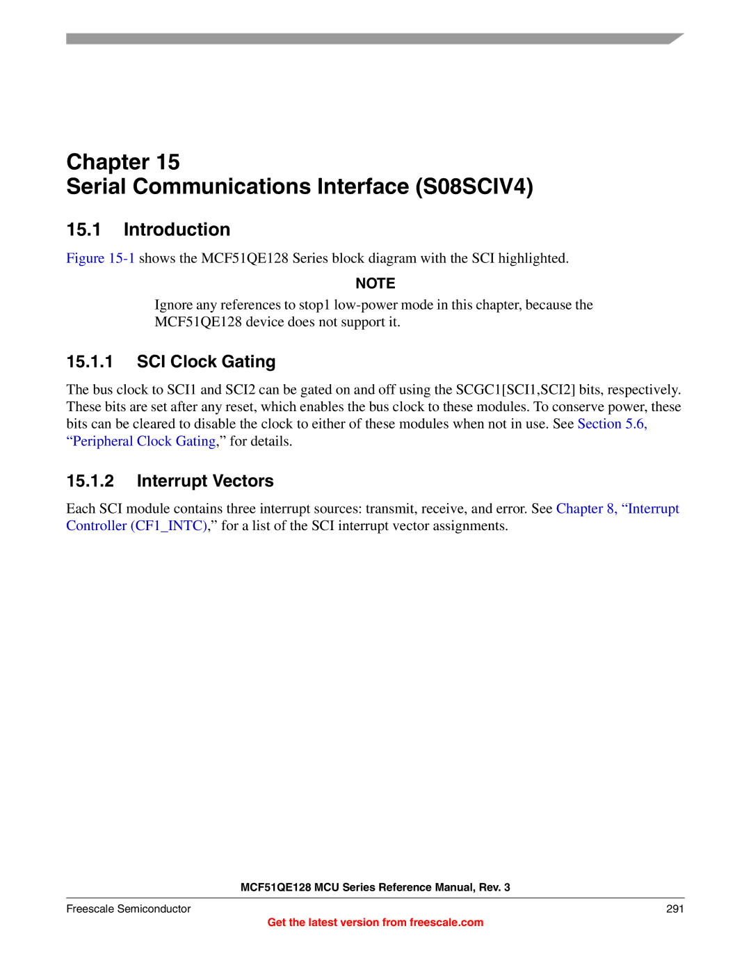 Freescale Semiconductor MCF51QE128RM manual Chapter Serial Communications Interface S08SCIV4, SCI Clock Gating 