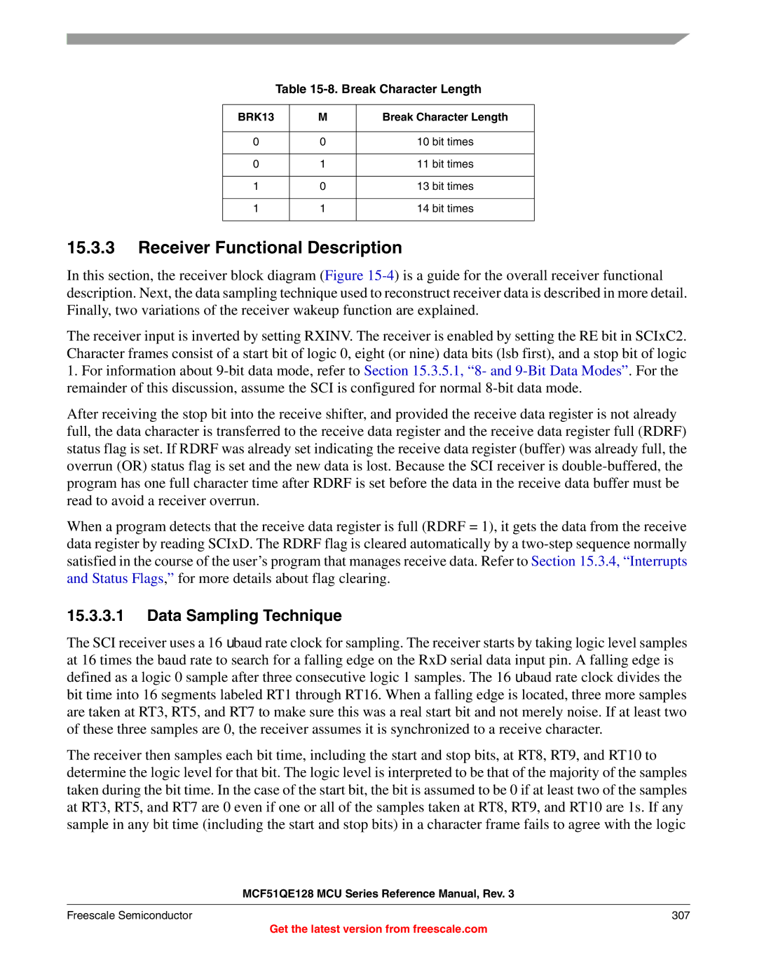 Freescale Semiconductor MCF51QE128RM Receiver Functional Description, Data Sampling Technique, Break Character Length 