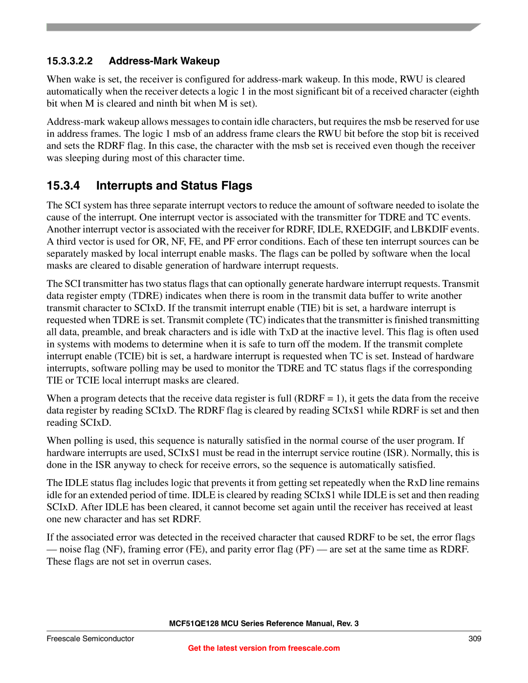 Freescale Semiconductor MCF51QE128RM manual Interrupts and Status Flags, Freescale Semiconductor 309 