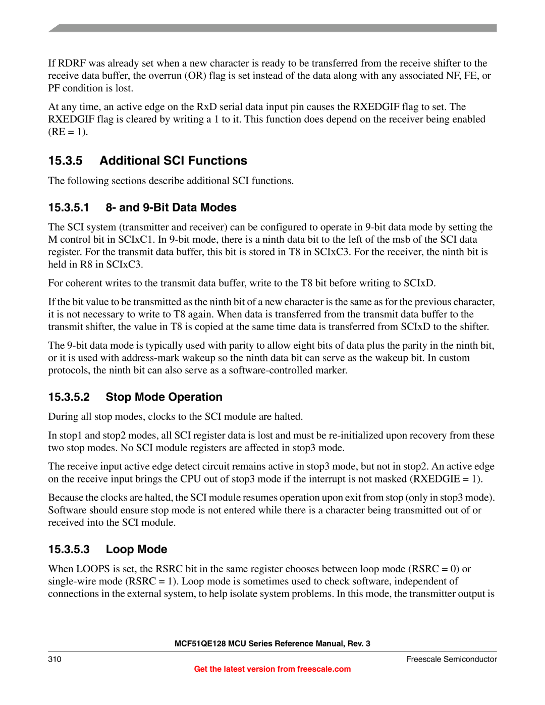 Freescale Semiconductor MCF51QE128RM manual Additional SCI Functions, 15.3.5.1 8- and 9-Bit Data Modes, Stop Mode Operation 