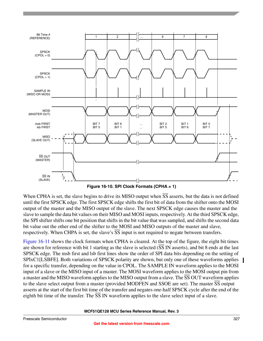 Freescale Semiconductor MCF51QE128RM manual SPI Clock Formats Cpha =, Freescale Semiconductor 327 