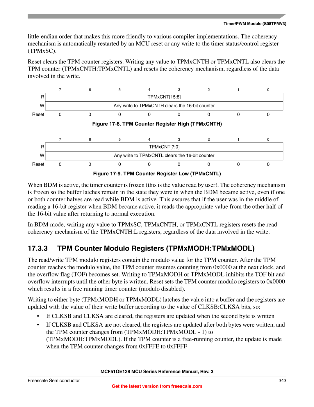 Freescale Semiconductor MCF51QE128RM manual TPM Counter Modulo Registers TPMxMODHTPMxMODL, Freescale Semiconductor 343 