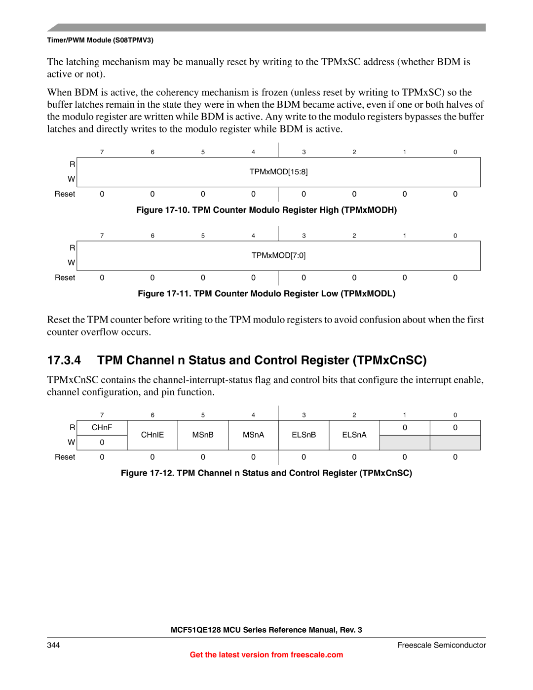 Freescale Semiconductor MCF51QE128RM manual TPM Channel n Status and Control Register TPMxCnSC, TPMxMOD158, TPMxMOD70 