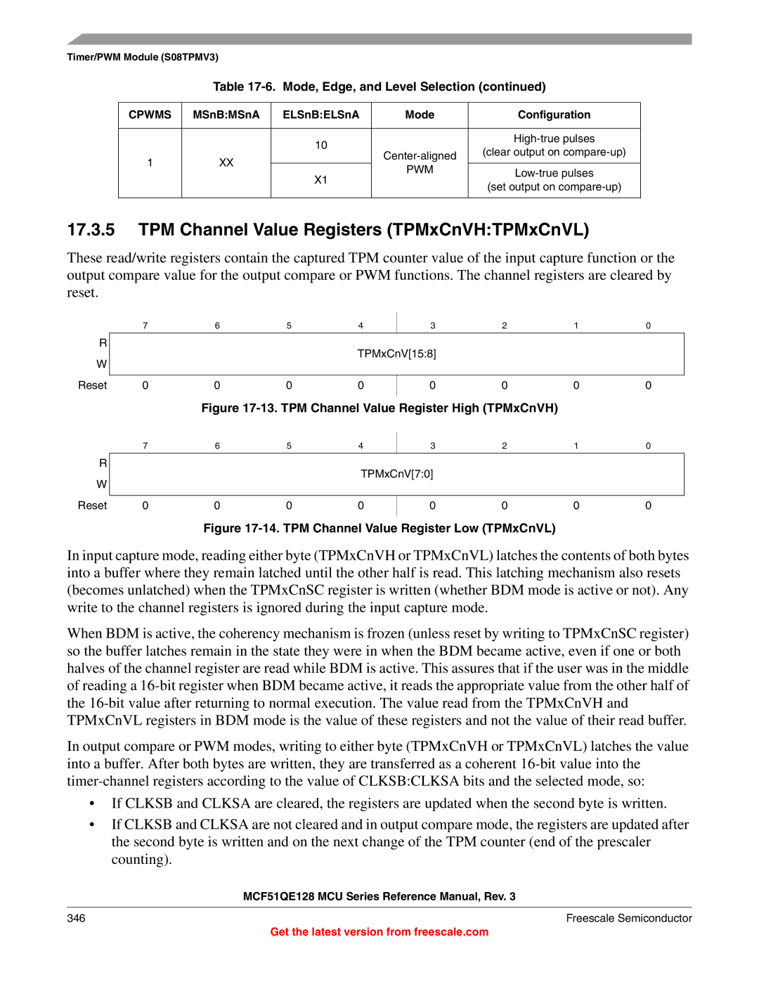 Freescale Semiconductor MCF51QE128RM manual TPM Channel Value Registers TPMxCnVHTPMxCnVL, Mode, Edge, and Level Selection 