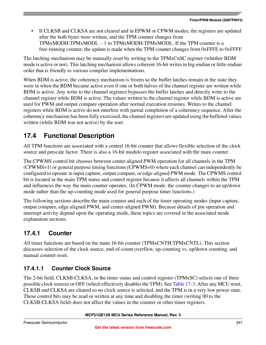 Freescale Semiconductor MCF51QE128RM manual Counter Clock Source, Freescale Semiconductor 347 