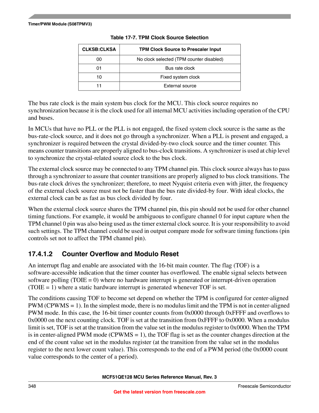 Freescale Semiconductor MCF51QE128RM manual Counter Overflow and Modulo Reset, TPM Clock Source Selection 