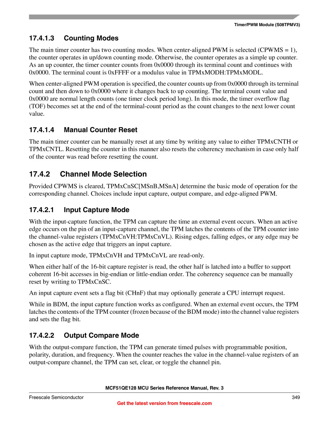 Freescale Semiconductor MCF51QE128RM Channel Mode Selection, Counting Modes, Manual Counter Reset, Input Capture Mode 