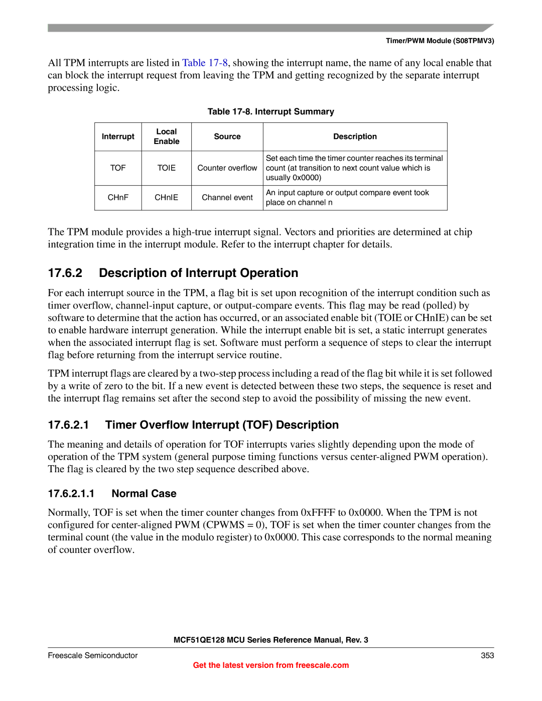 Freescale Semiconductor MCF51QE128RM manual Description of Interrupt Operation, Timer Overflow Interrupt TOF Description 