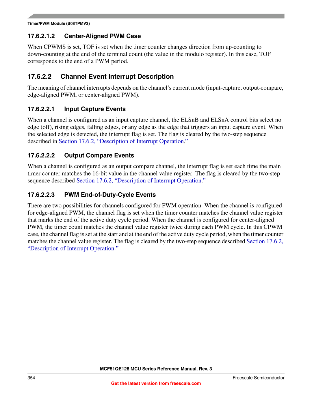 Freescale Semiconductor MCF51QE128RM manual Channel Event Interrupt Description, Center-Aligned PWM Case 