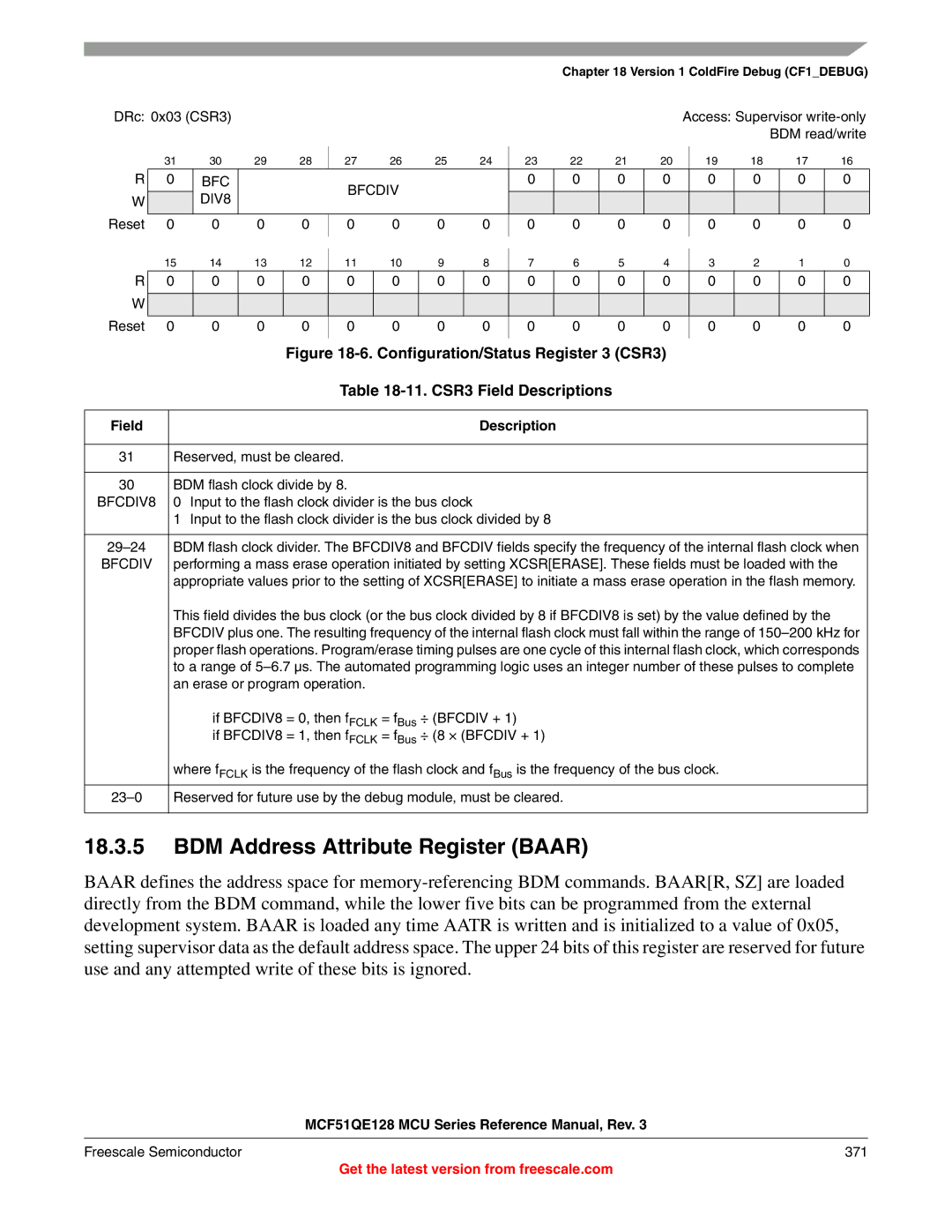 Freescale Semiconductor MCF51QE128RM manual BDM Address Attribute Register Baar, BFC Bfcdiv DIV8, BFCDIV8 