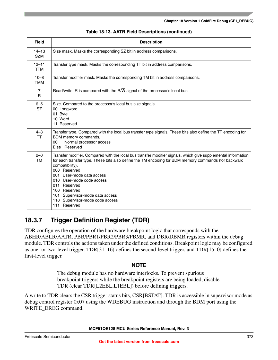 Freescale Semiconductor MCF51QE128RM manual Trigger Definition Register TDR, Szm, Signal of the processor’s local bus 