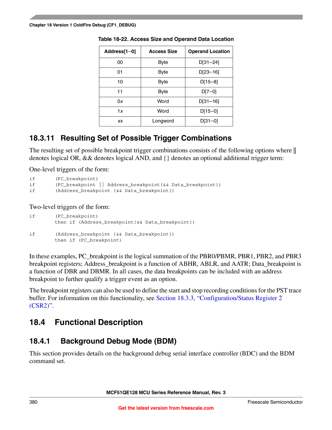 Freescale Semiconductor MCF51QE128RM manual Resulting Set of Possible Trigger Combinations, Background Debug Mode BDM 