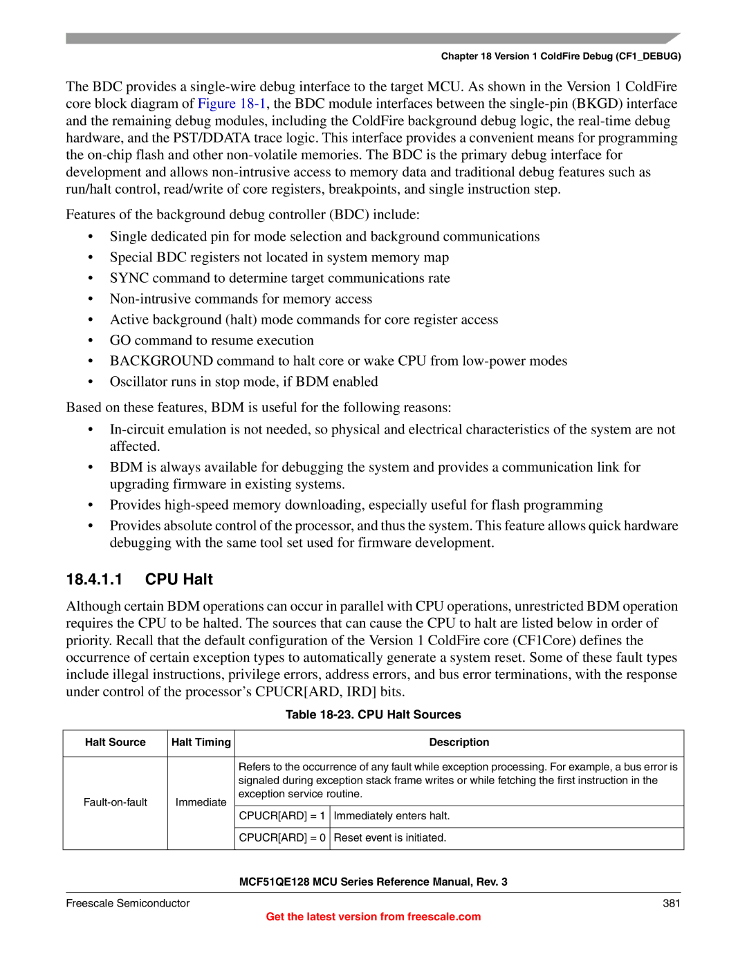 Freescale Semiconductor MCF51QE128RM manual CPU Halt Sources, Halt Source Halt Timing Description, Cpucrard = 