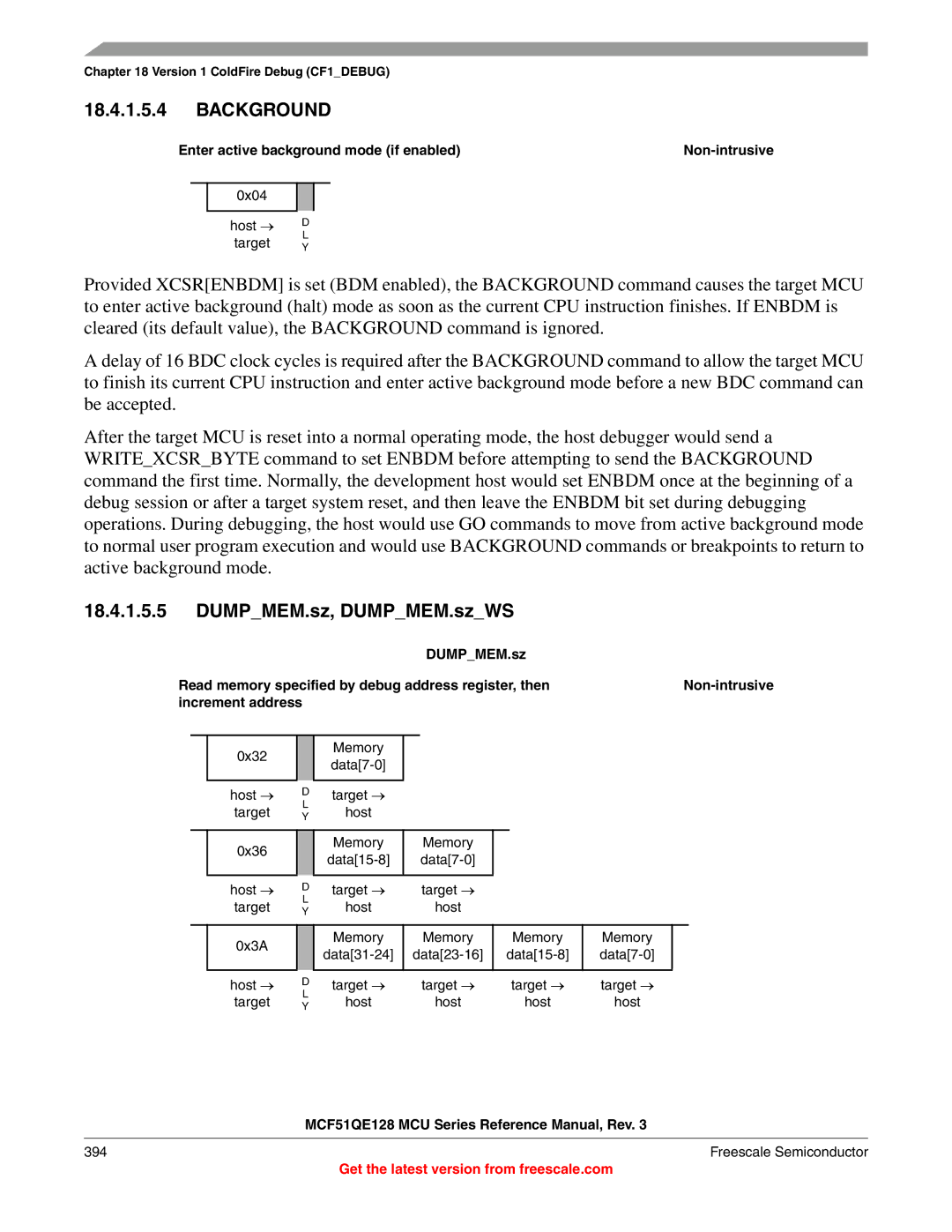 Freescale Semiconductor MCF51QE128RM manual Enter active background mode if enabled Non-intrusive, Data7-0, 0x3A Memory 