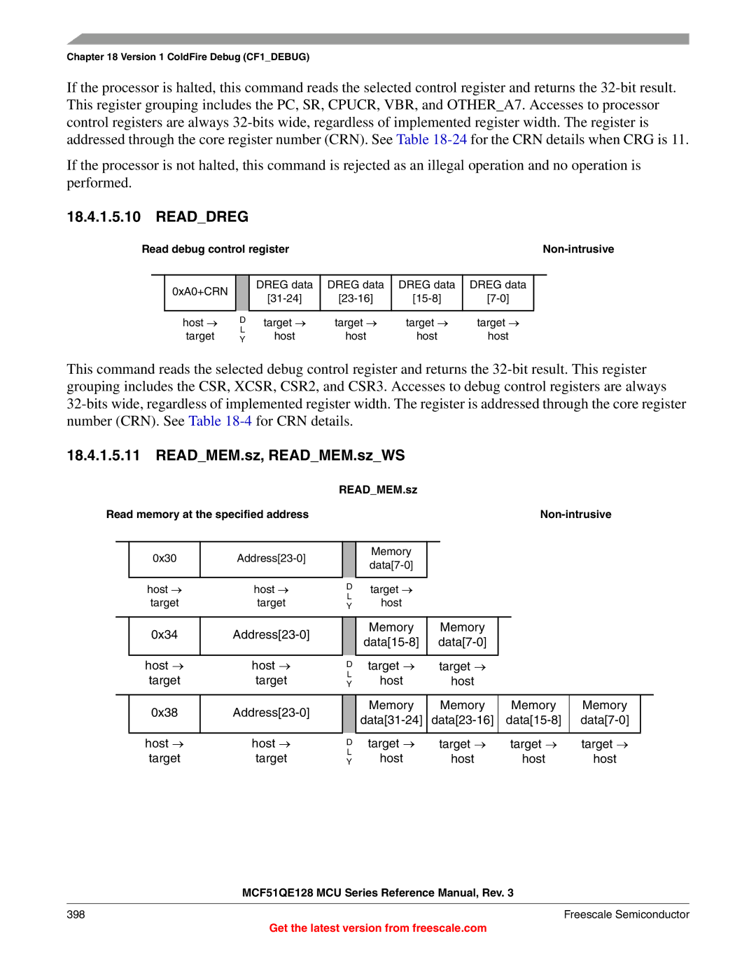 Freescale Semiconductor MCF51QE128RM manual Read debug control register Non-intrusive, 0xA0+CRN Host → Target Dreg data 