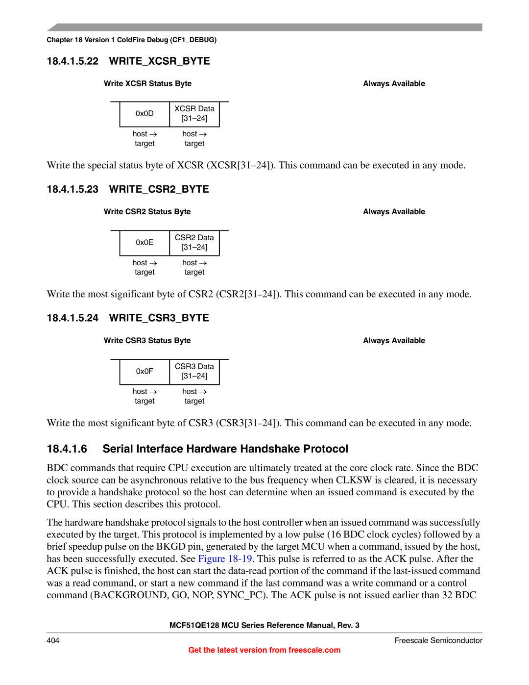 Freescale Semiconductor MCF51QE128RM Serial Interface Hardware Handshake Protocol, Write Xcsr Status Byte Always Available 