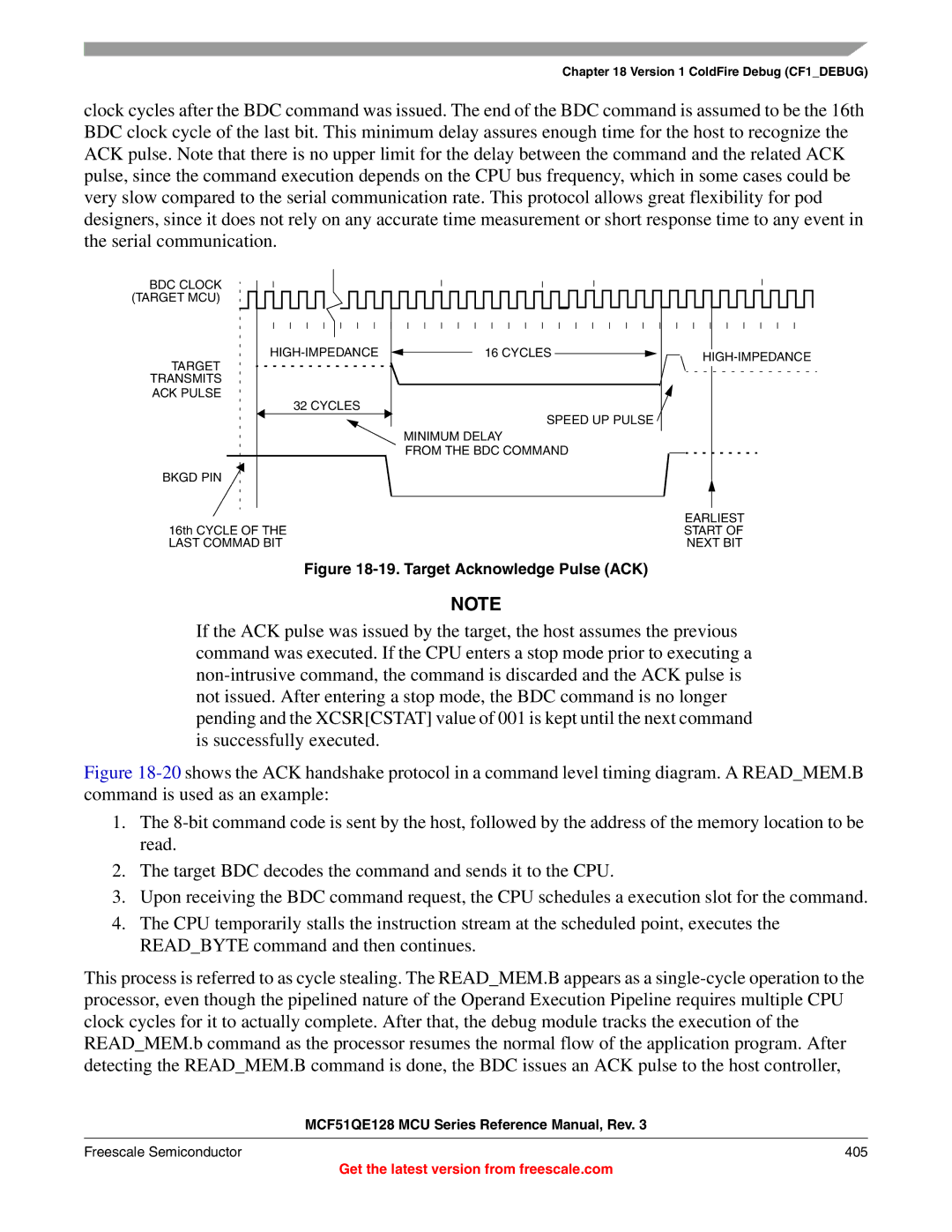 Freescale Semiconductor MCF51QE128RM manual Target Acknowledge Pulse ACK, Freescale Semiconductor 405 