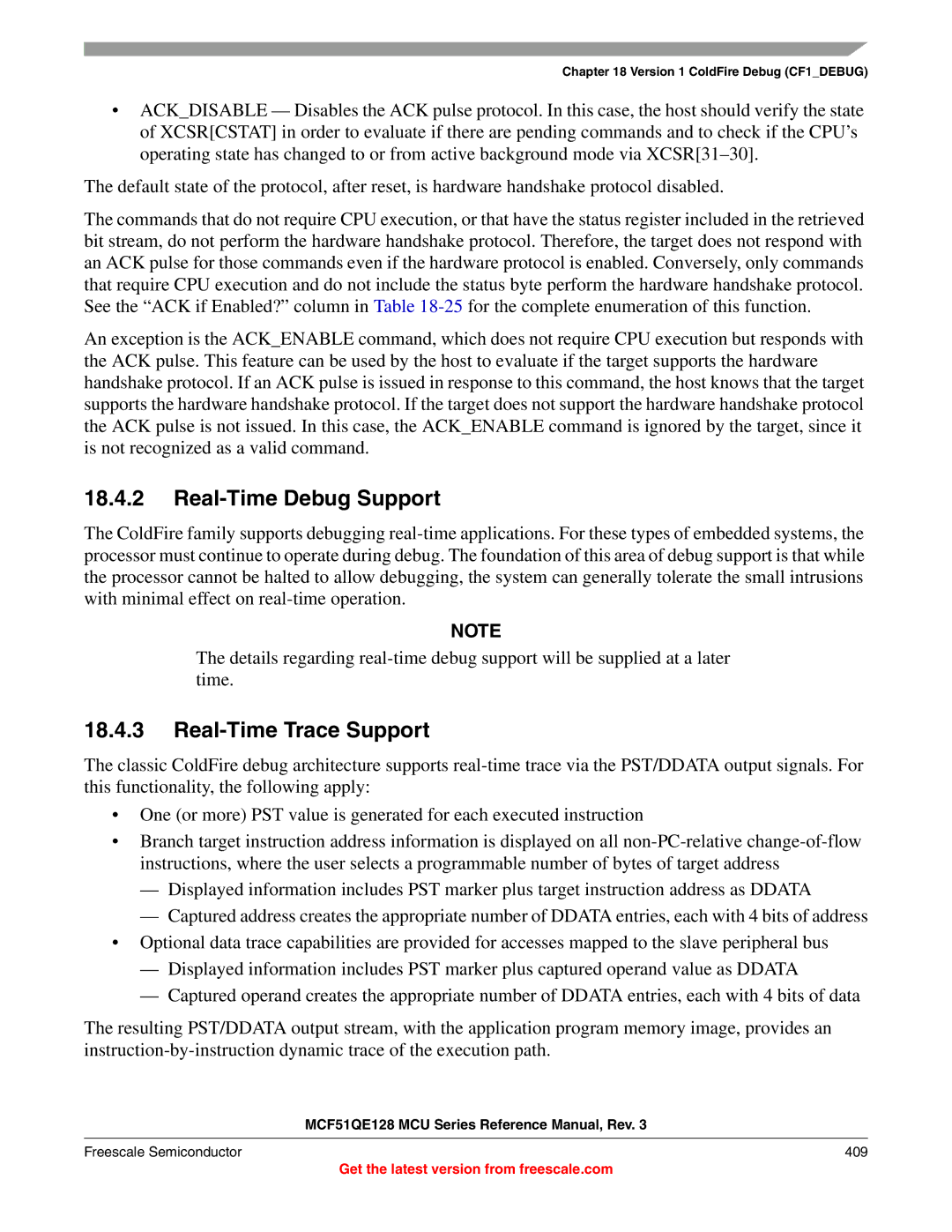 Freescale Semiconductor MCF51QE128RM manual Real-Time Debug Support, Real-Time Trace Support, Freescale Semiconductor 409 