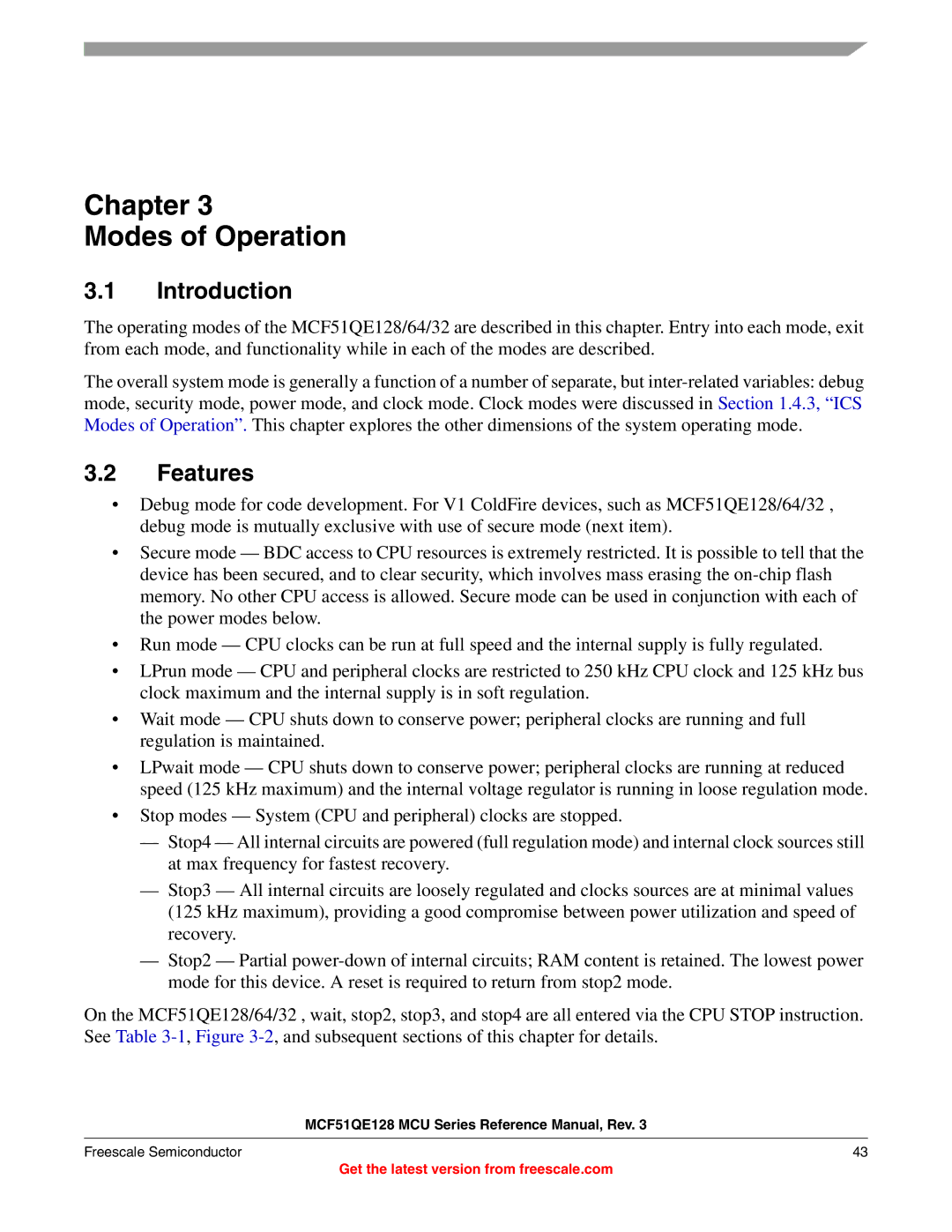 Freescale Semiconductor MCF51QE128RM manual Chapter Modes of Operation, Introduction, Features 