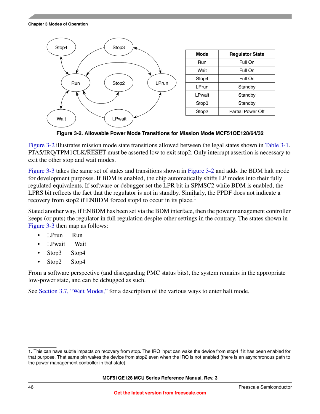 Freescale Semiconductor MCF51QE128RM manual Stop3, Mode Regulator State, Full On, Run Stop2 LPrun, LPwait 