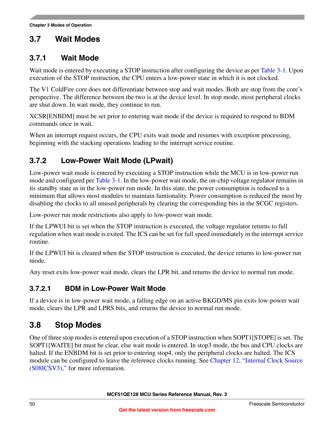 Freescale Semiconductor MCF51QE128RM manual Wait Modes, Stop Modes, Low-Power Wait Mode LPwait, BDM in Low-Power Wait Mode 