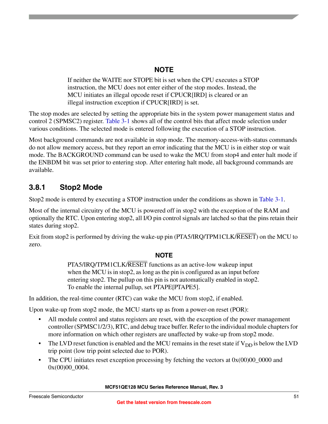 Freescale Semiconductor MCF51QE128RM manual Stop2 Mode 