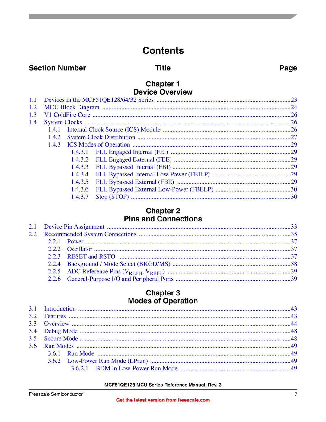 Freescale Semiconductor MCF51QE128RM manual Contents 