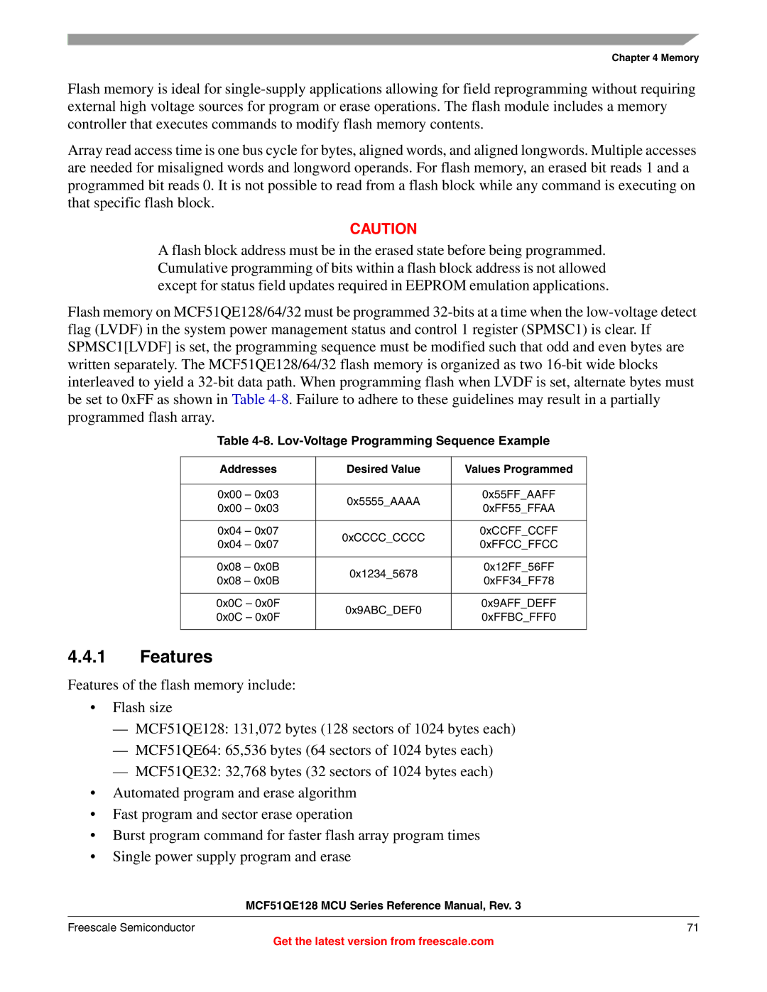 Freescale Semiconductor MCF51QE128RM manual Features, Lov-Voltage Programming Sequence Example 