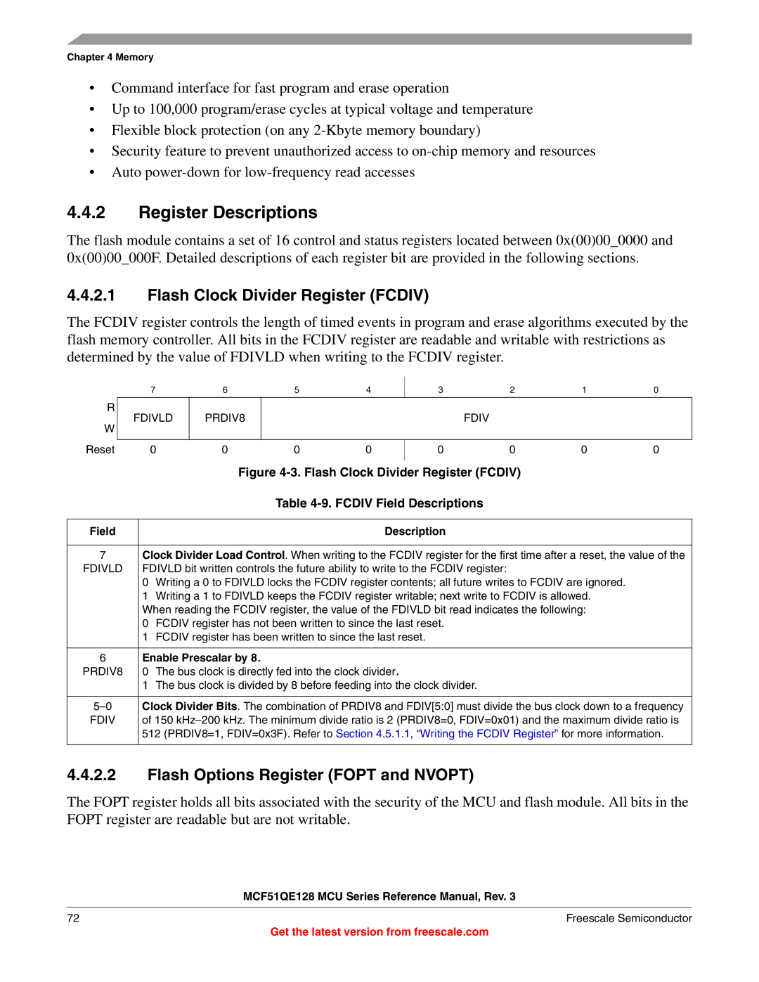 Freescale Semiconductor MCF51QE128RM Register Descriptions, Flash Clock Divider Register Fcdiv, Fcdiv Field Descriptions 