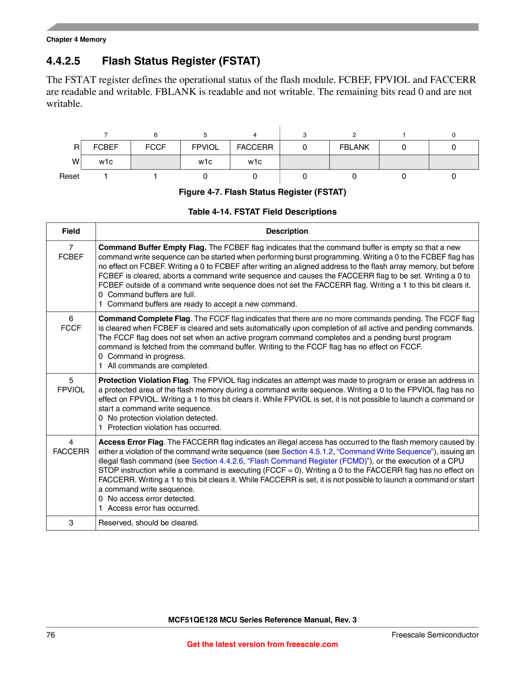 Freescale Semiconductor MCF51QE128RM manual Flash Status Register Fstat, Fcbef Fccf Fpviol Faccerr Fblank, W1c 