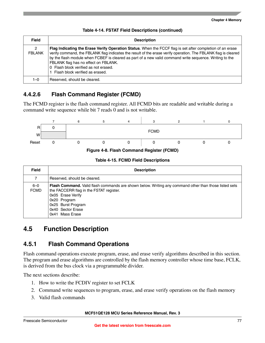 Freescale Semiconductor MCF51QE128RM manual Function Description, Flash Command Operations, Flash Command Register Fcmd 