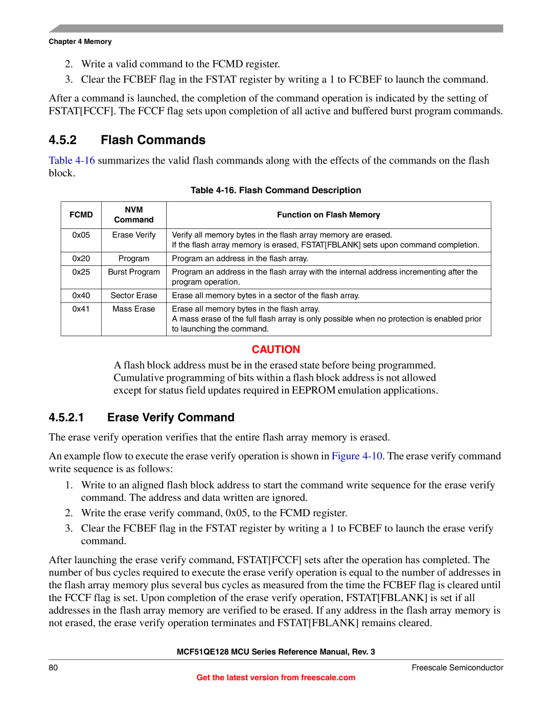 Freescale Semiconductor MCF51QE128RM manual Flash Commands, Erase Verify Command, Flash Command Description, Fcmd NVM 