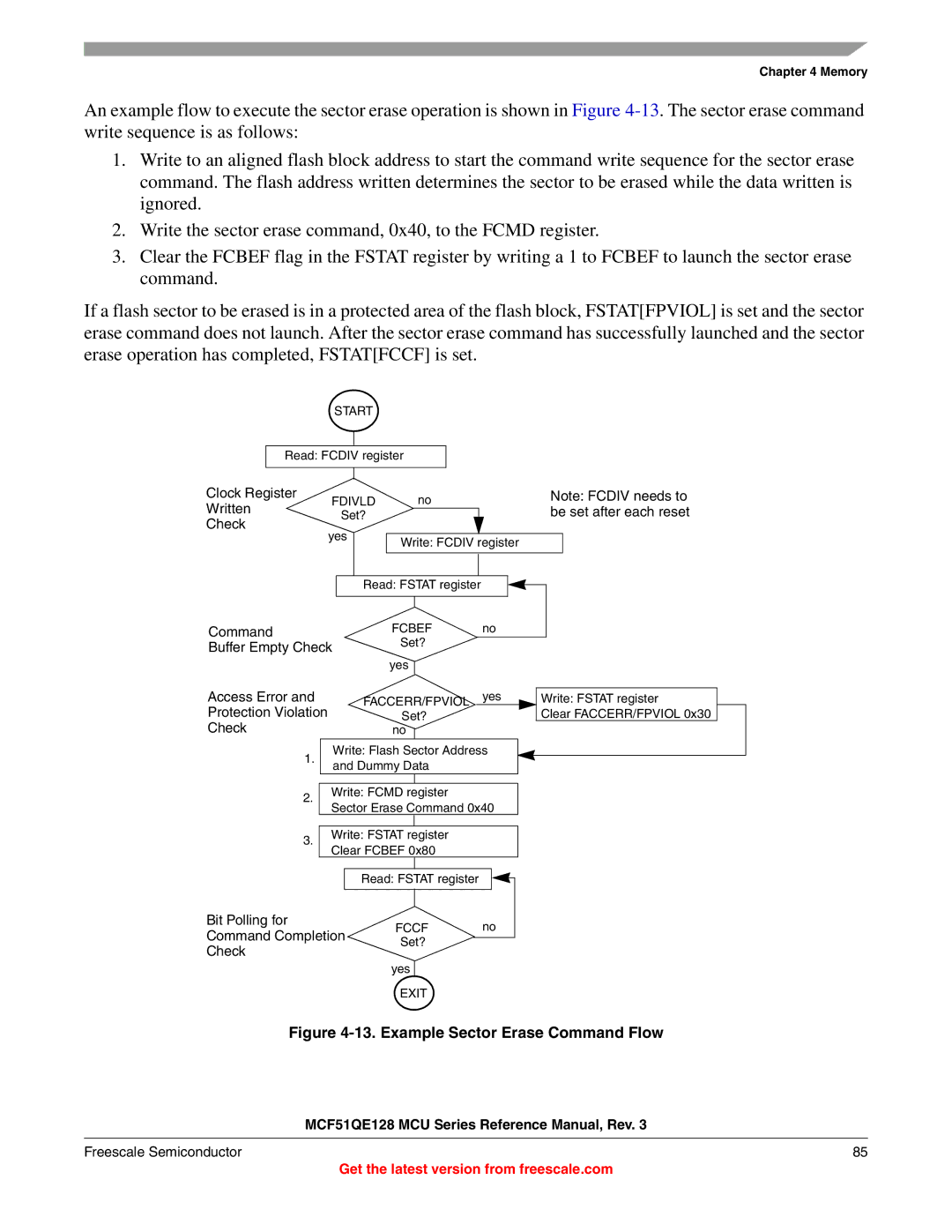 Freescale Semiconductor MCF51QE128RM manual Example Sector Erase Command Flow 