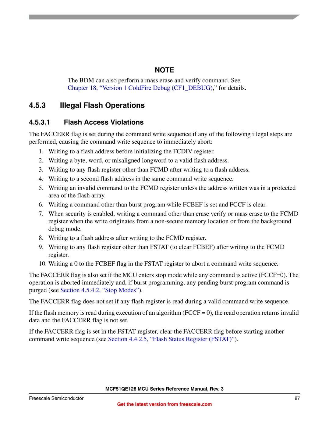 Freescale Semiconductor MCF51QE128RM manual Illegal Flash Operations, Flash Access Violations 