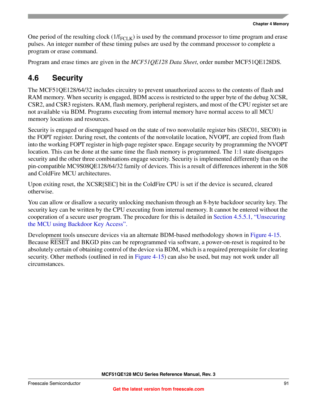 Freescale Semiconductor MCF51QE128RM manual Security 