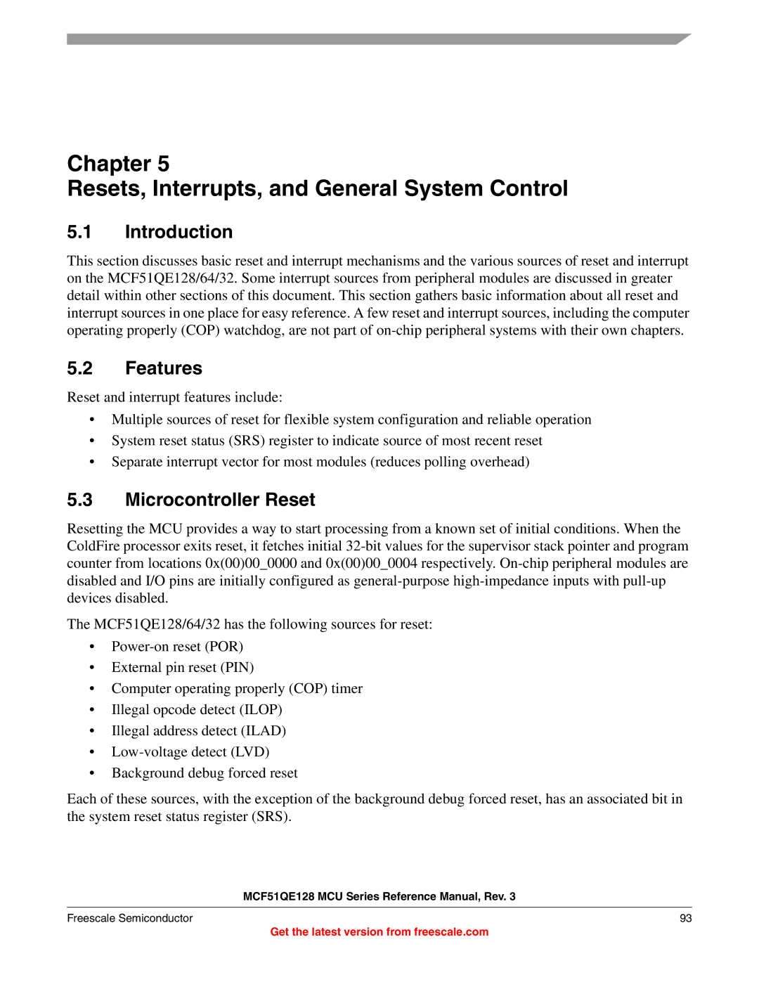 Freescale Semiconductor MCF51QE128RM manual Chapter Resets, Interrupts, and General System Control, Microcontroller Reset 