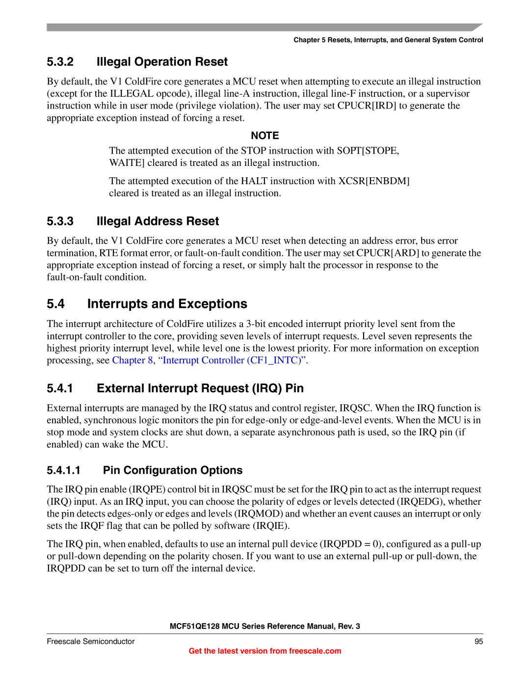 Freescale Semiconductor MCF51QE128RM manual Interrupts and Exceptions, Illegal Operation Reset, Illegal Address Reset 