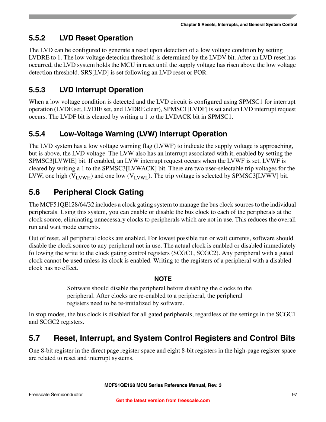 Freescale Semiconductor MCF51QE128RM manual Peripheral Clock Gating, LVD Reset Operation, LVD Interrupt Operation 