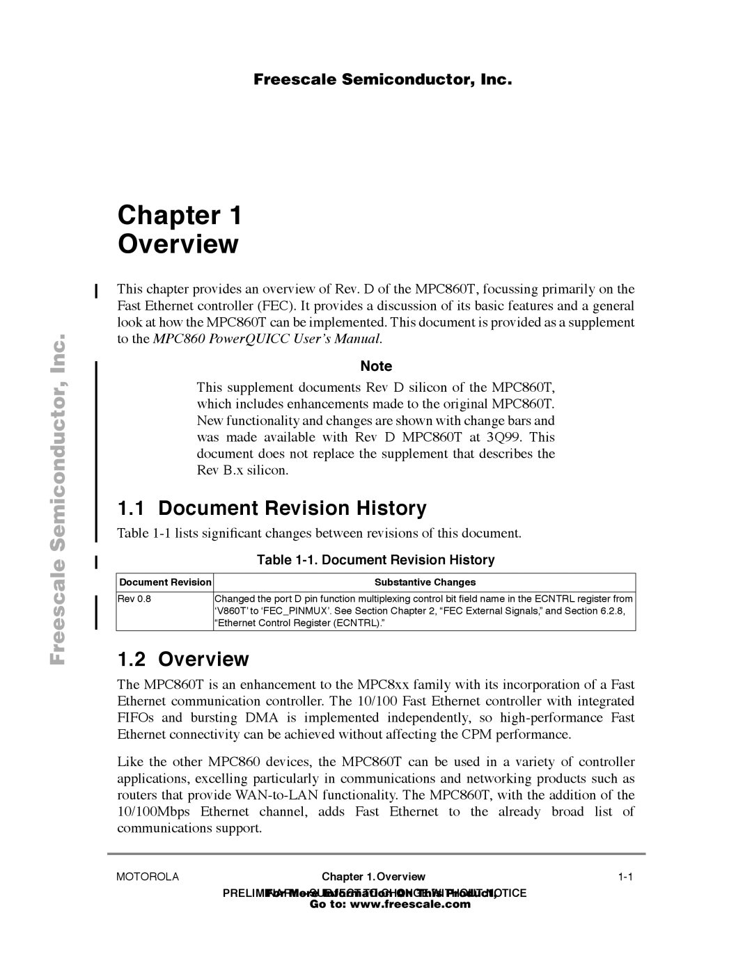 Freescale Semiconductor MPC860T user manual Document Revision History, Overview, Substantive Changes 