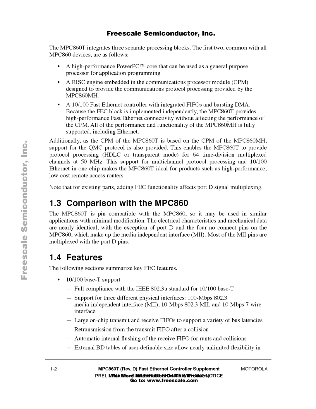 Freescale Semiconductor MPC860T user manual Comparison with the MPC860, Features 