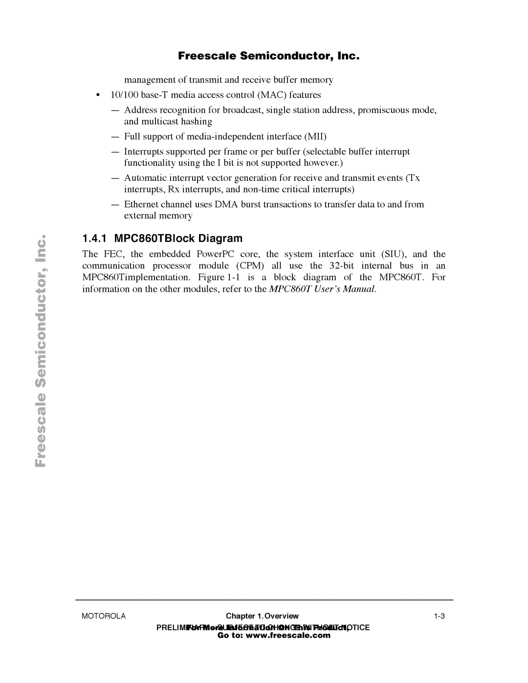 Freescale Semiconductor user manual 1 MPC860TBlock Diagram 