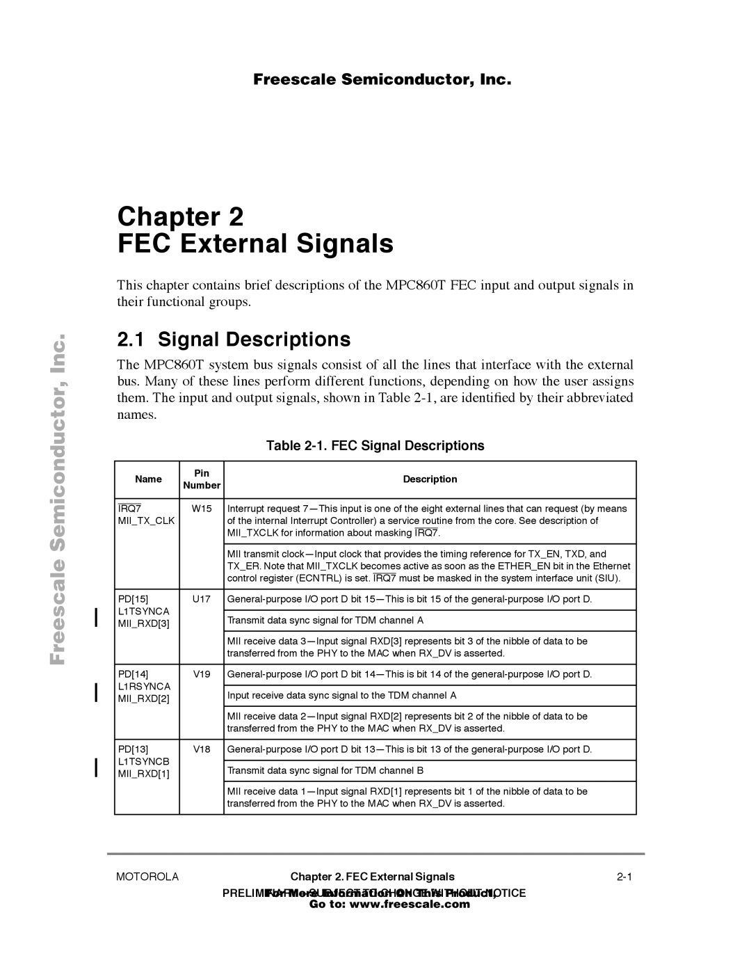 Freescale Semiconductor MPC860T user manual FEC Signal Descriptions, Name Pin Description 