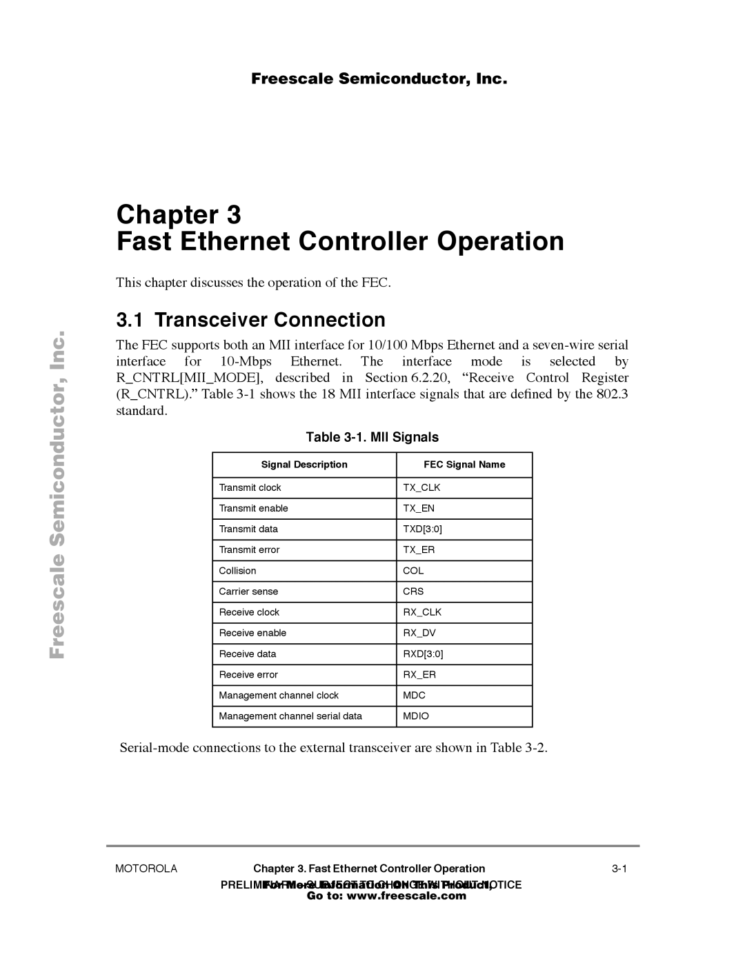 Freescale Semiconductor MPC860T Transceiver Connection, This chapter discusses the operation of the FEC, MII Signals 