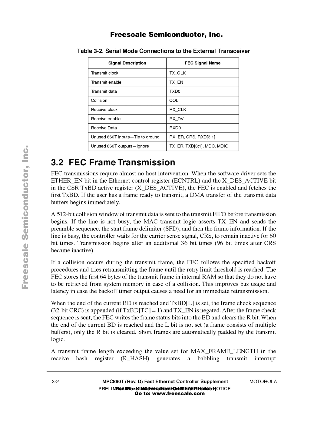 Freescale Semiconductor MPC860T FEC Frame Transmission, Serial Mode Connections to the External Transceiver, TXD0, RXD0 